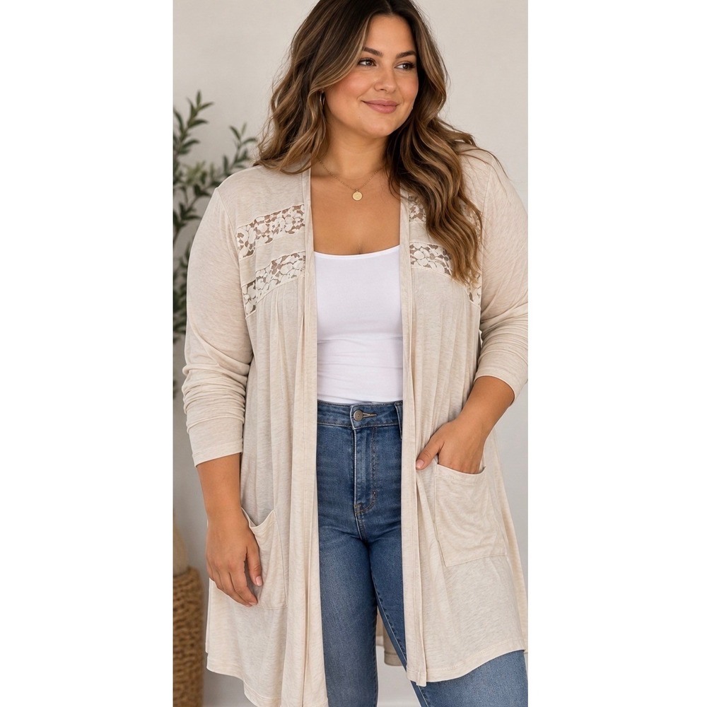Torrid Super Soft Knits Lace Trim Open Front Cardigan Oatmeal Beige Plus 5X